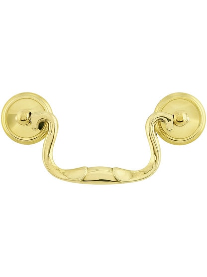 Swan-Neck Brass Banded Bail Pull with Round Rosettes ‚Äì 3‚Äù Center-to-Center in Un-lacquered Brass.